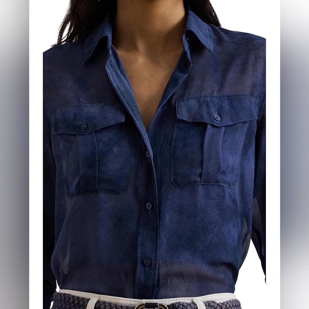 Love Riche Beautiful Navy Sheer Long Sleeve Blouse NWOT